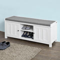 White Shoe Storage Bench with 2 Doors and Removable Seat Cushion W478