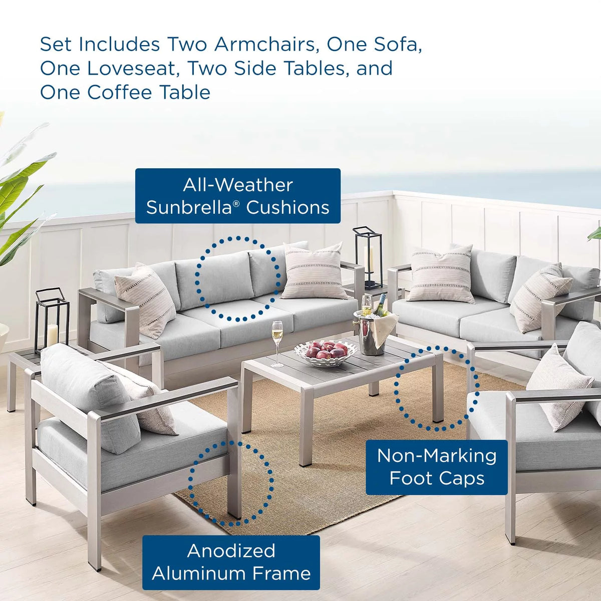 Silver Grey Modern Outdoor Sectional Sofa Chair Table Set W125
