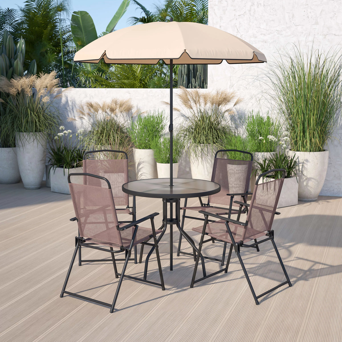 6-Piece Patio Set with Glass Table, Umbrella, and 4 Folding Chairs, Black T737