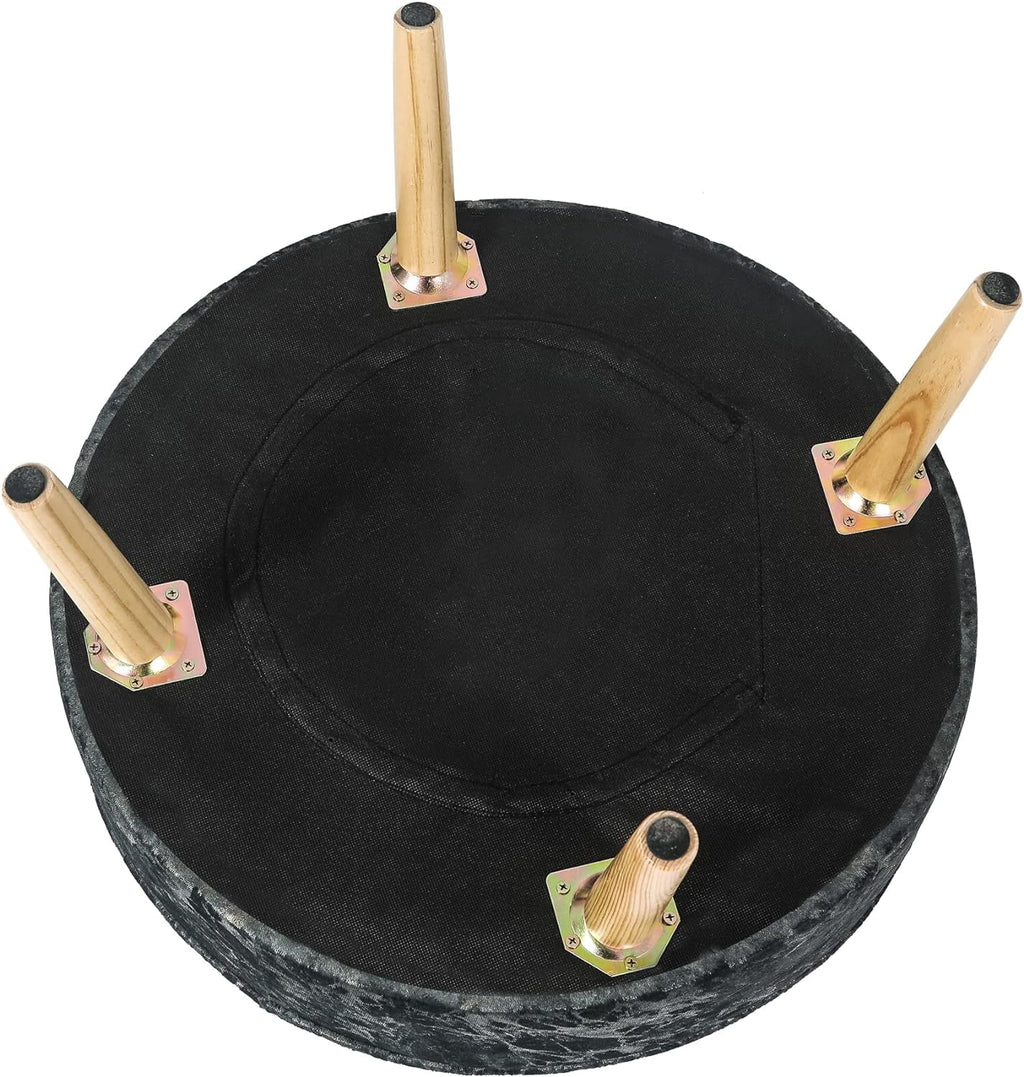 Small Round Velvet Ottoman with Wooden Legs L6725