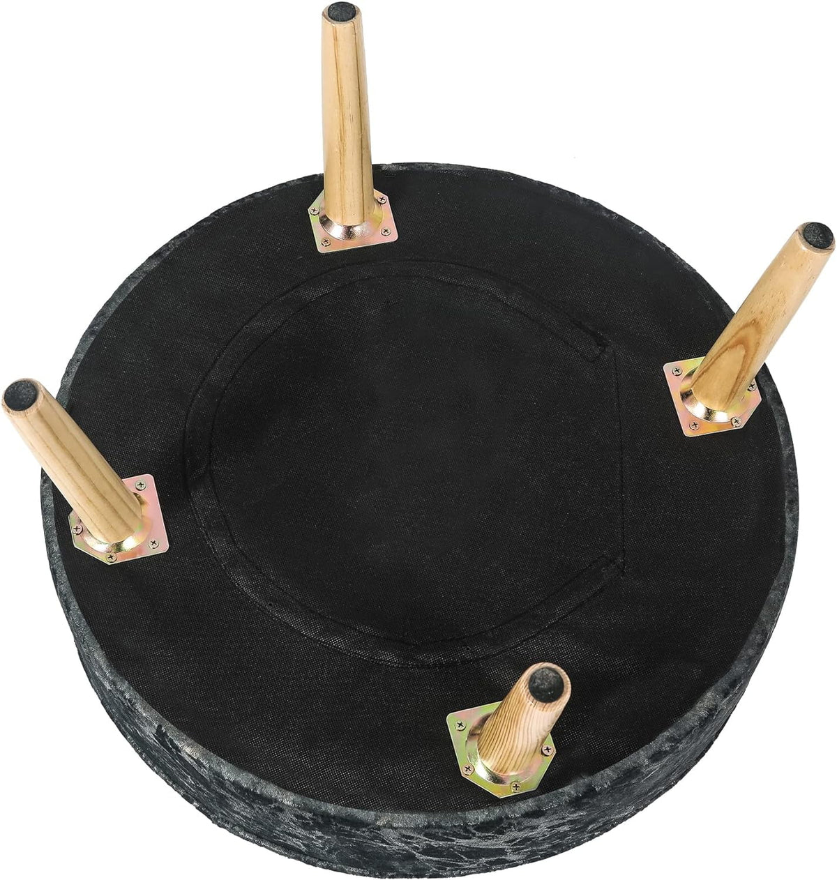 Small Round Velvet Ottoman with Wooden Legs L6725