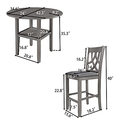 3 Piece Round Drop Leaf Counter Height Dining Table and Chairs Set with Storage Shelf F380
