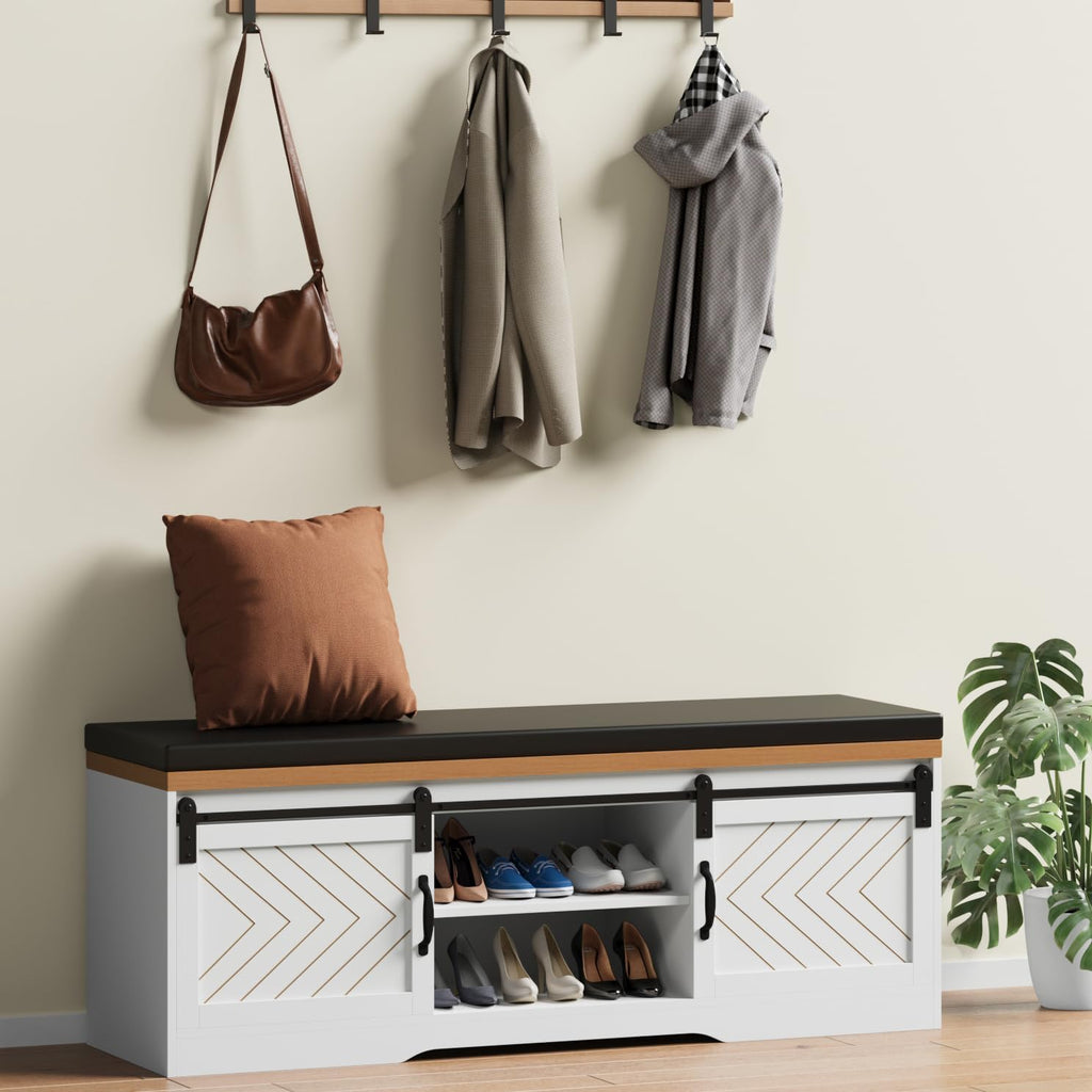 Shoe Storage Bench with Padded Seat Cushion and Sliding Barn Doors R25361
