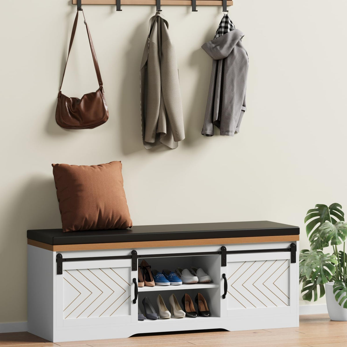 Shoe Storage Bench with Padded Seat Cushion and Sliding Barn Doors R25361