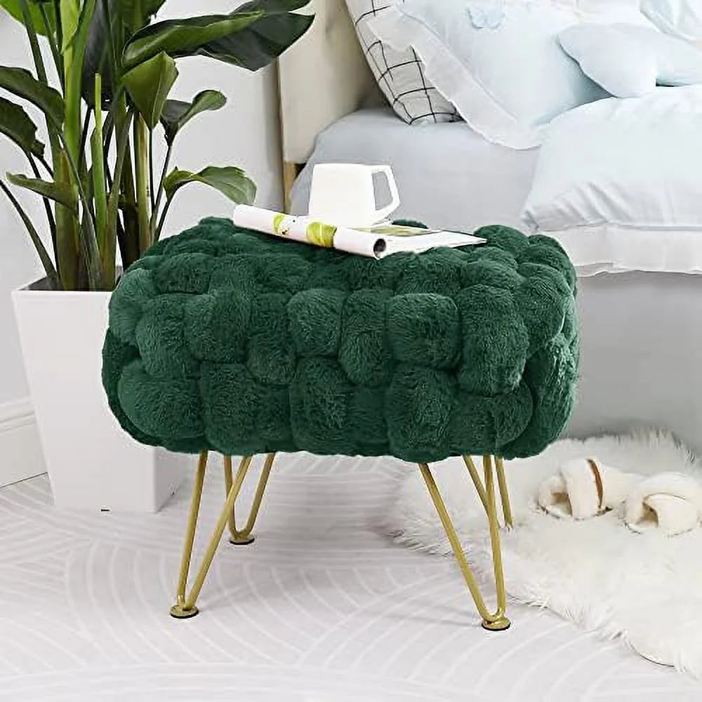 Pink Soft Faux Ottoman Fuzzy Bench Seat 27"x20"x19" Sturdy Accent Coffee Table Fluffy Shoe Stool with Golden Legs M737
