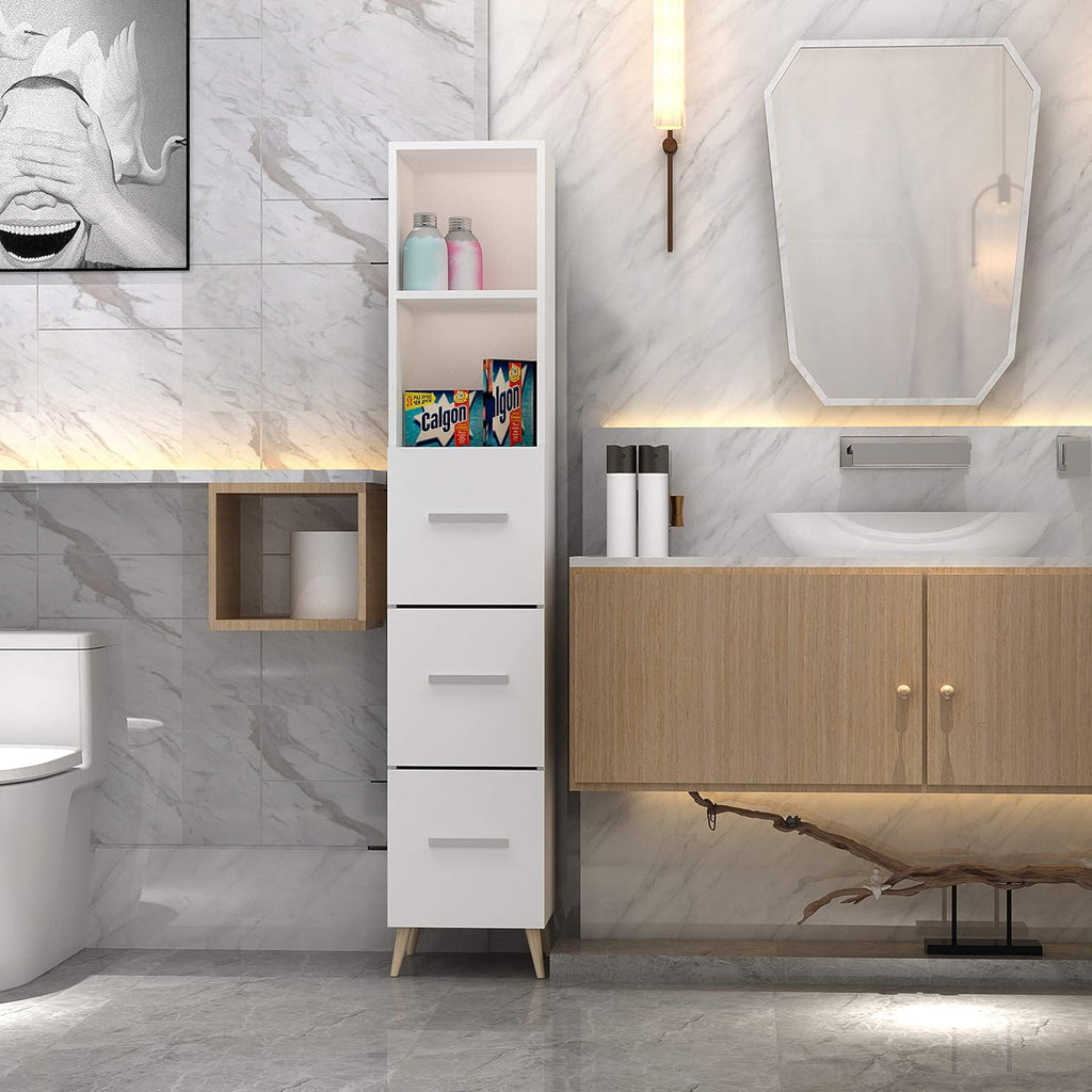 Ivory White Freestanding Storage Cabinet with 2 Open Shelves and Cupboard M4278