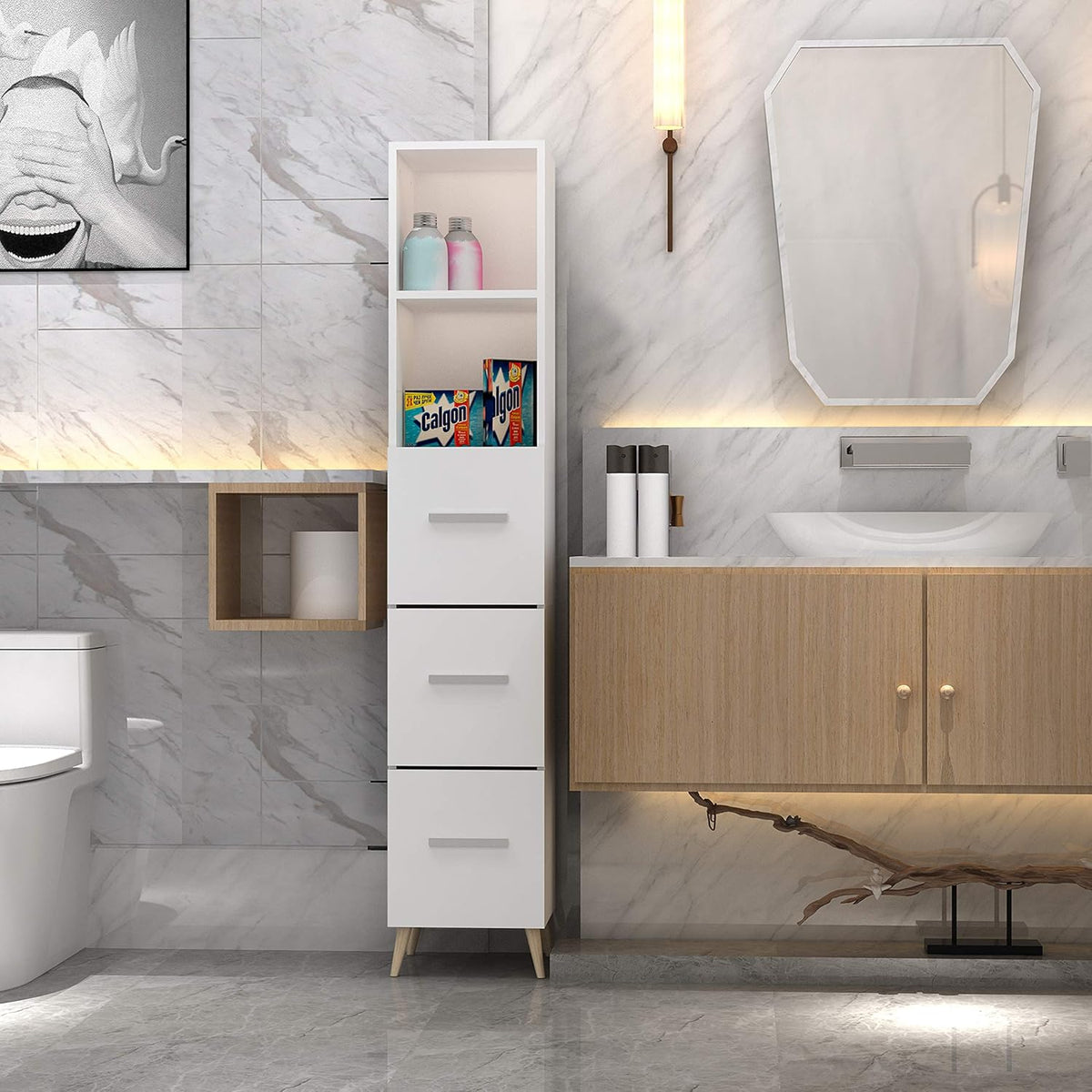 Ivory White Freestanding Storage Cabinet with 2 Open Shelves and Cupboard M4278