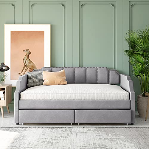 Gray Velvet Twin Daybed with 2 Drawers P34473