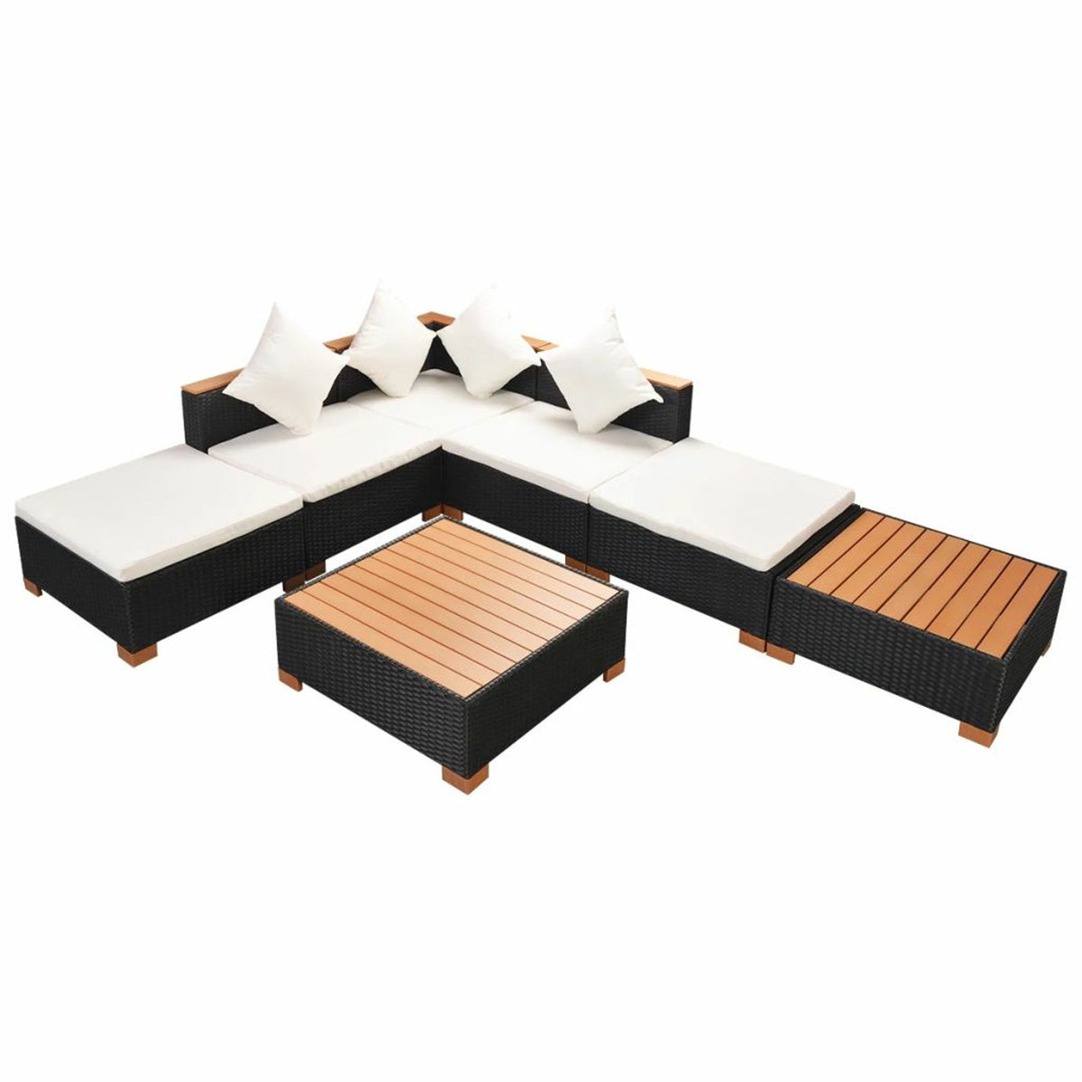 7 Piece Outdoor Sectional Sofa Set with Coffee Table and Ottoman Black Poly Rattan E45842