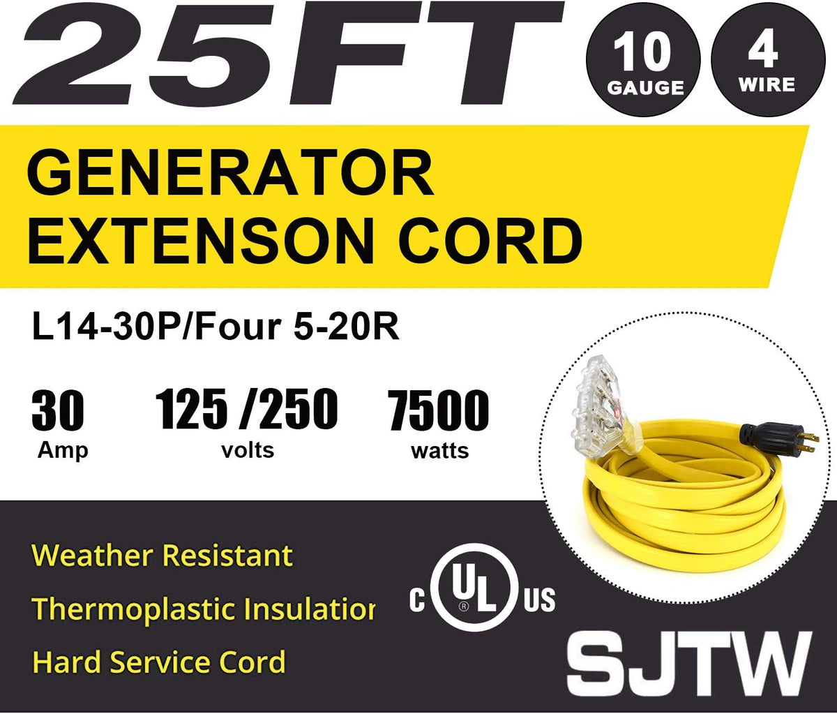 25-Foot 10 Gauge Generator Extension Cord NEMA L14-30P to Four 5-20R C390085