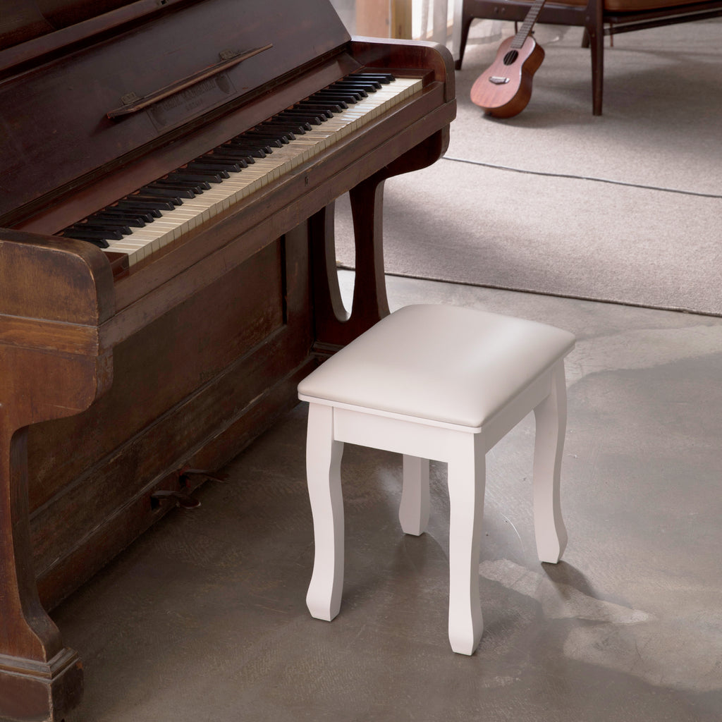 White Wood Vanity Stool with Cushion I129528