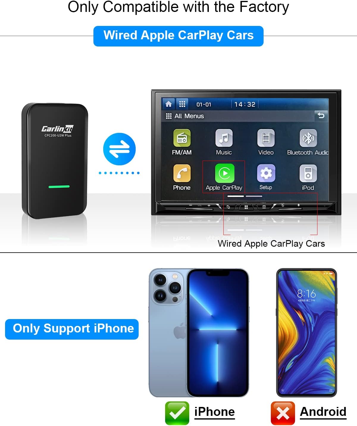 Wireless CarPlay Adapter with 2 USB Cables N2841