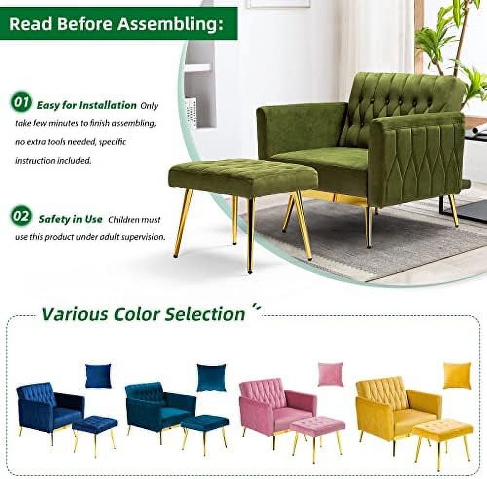 Olive Green Velvet Single Recliner Armchair with Ottoman and Pillow O28773
