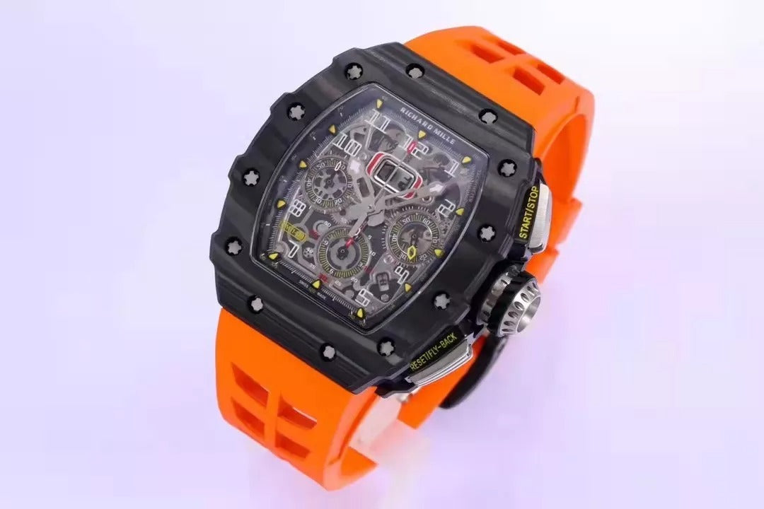 Skeleton Dial Black Bezel Orange Rubber Strap O555