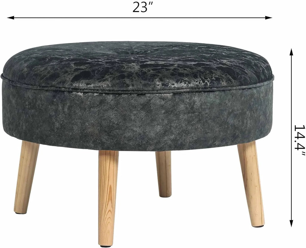 Small Round Velvet Ottoman with Wooden Legs L6725