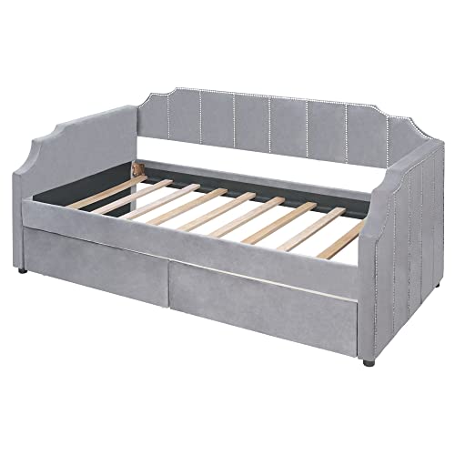 Gray Velvet Twin Daybed with 2 Drawers P34473
