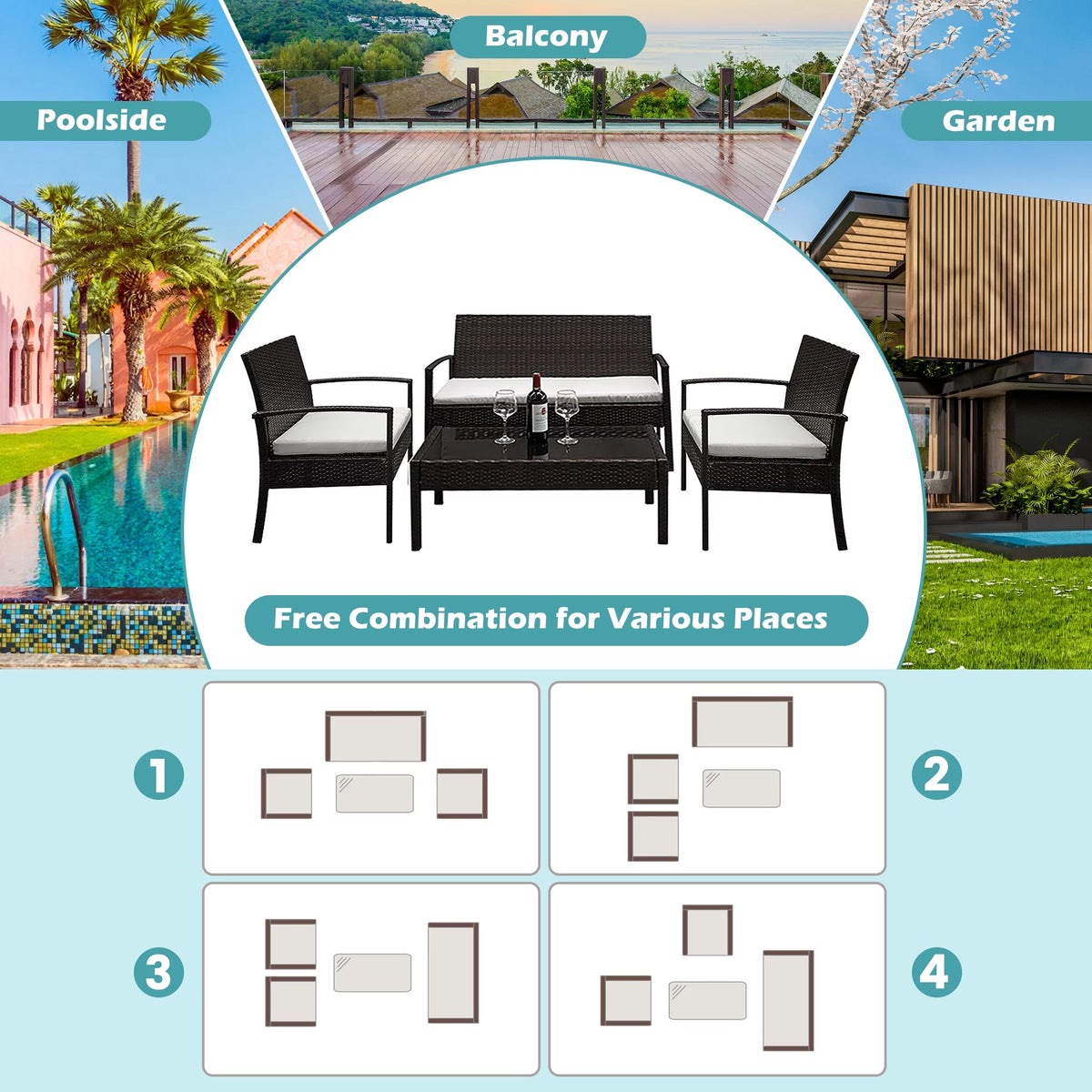 4 Pieces Rattan Cushioned Sofa and Chair Set with Table R55418
