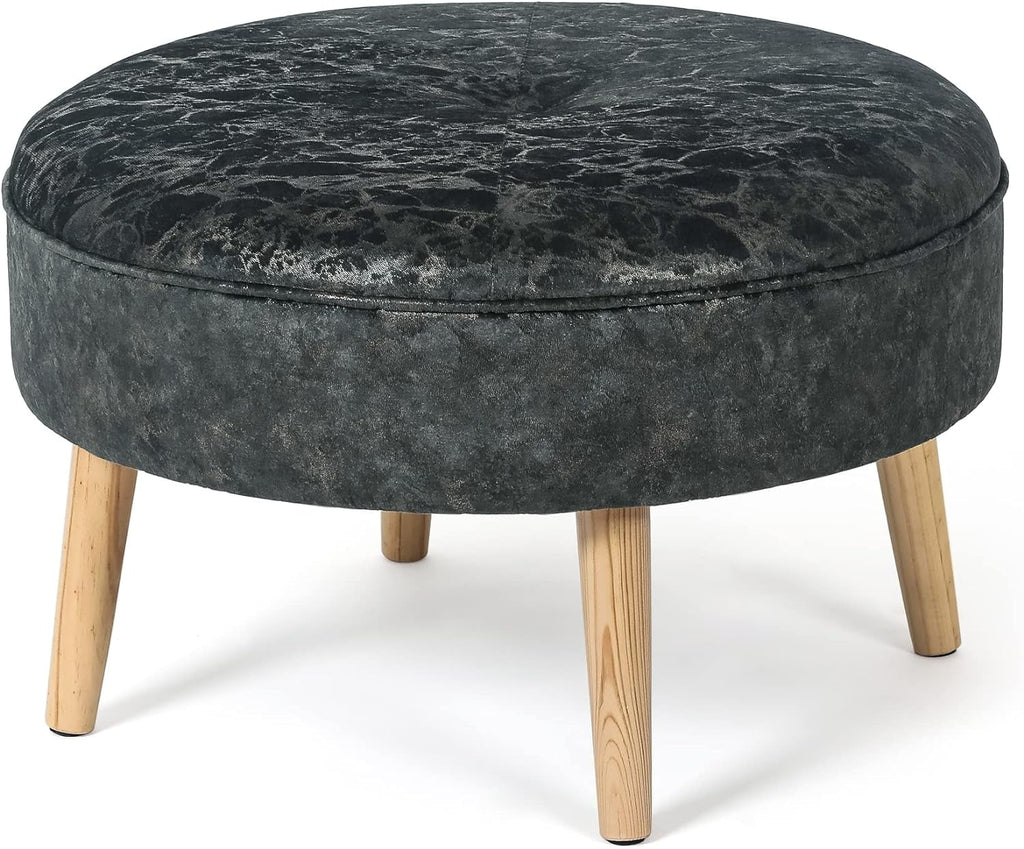 Small Round Velvet Ottoman with Wooden Legs L6725