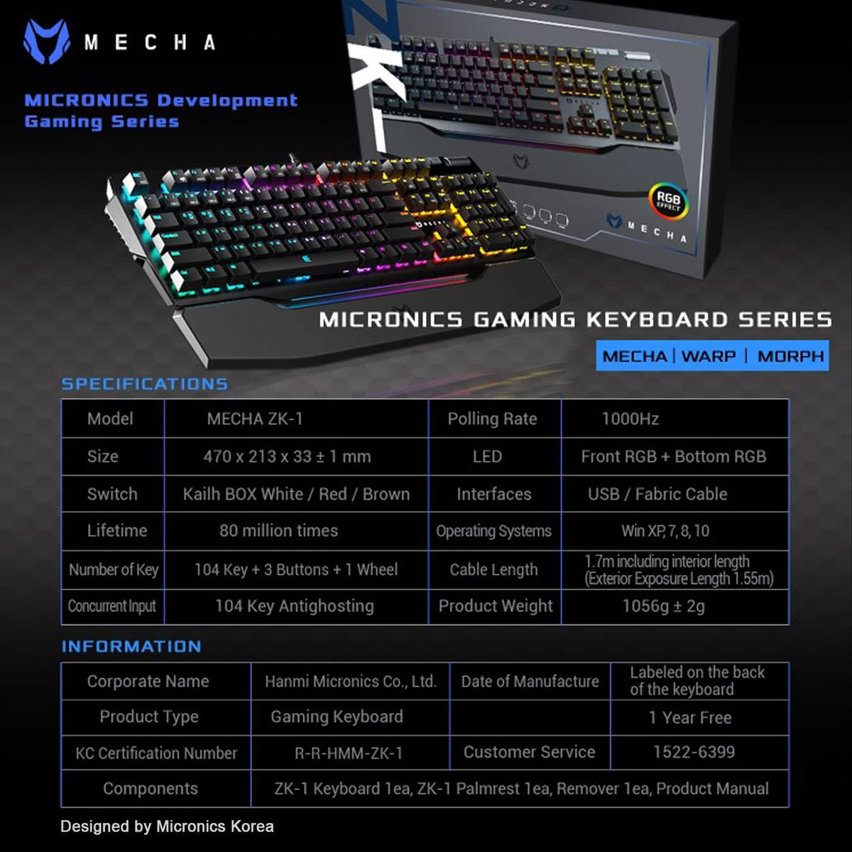 Wired Mechanical Gaming Keyboard, RGB, Detachable Magnetic Palm Rest, Aluminum Top, 104 Keys, Black J8635