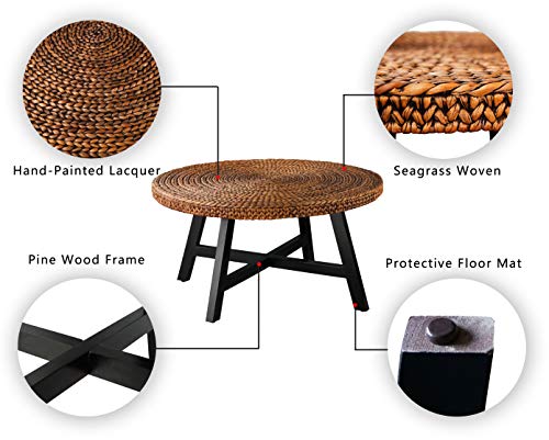 Natural Seagrass Round Coffee Table with Solid Wood Base, 32 x 17 Inches B733834