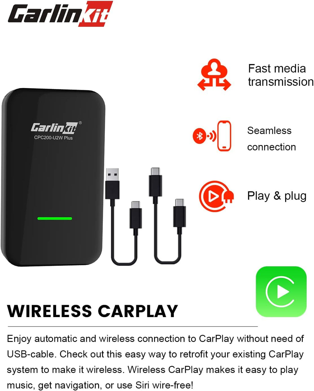 Wireless CarPlay Adapter with 2 USB Cables N2841