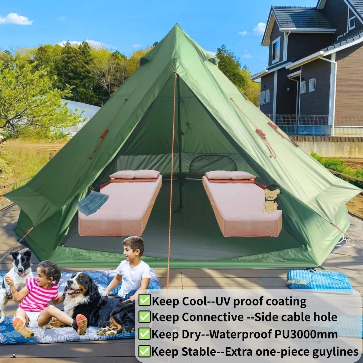 Waterproof 13.2ft/4M Green B1 Bell Tent with Black Footprint H9729
