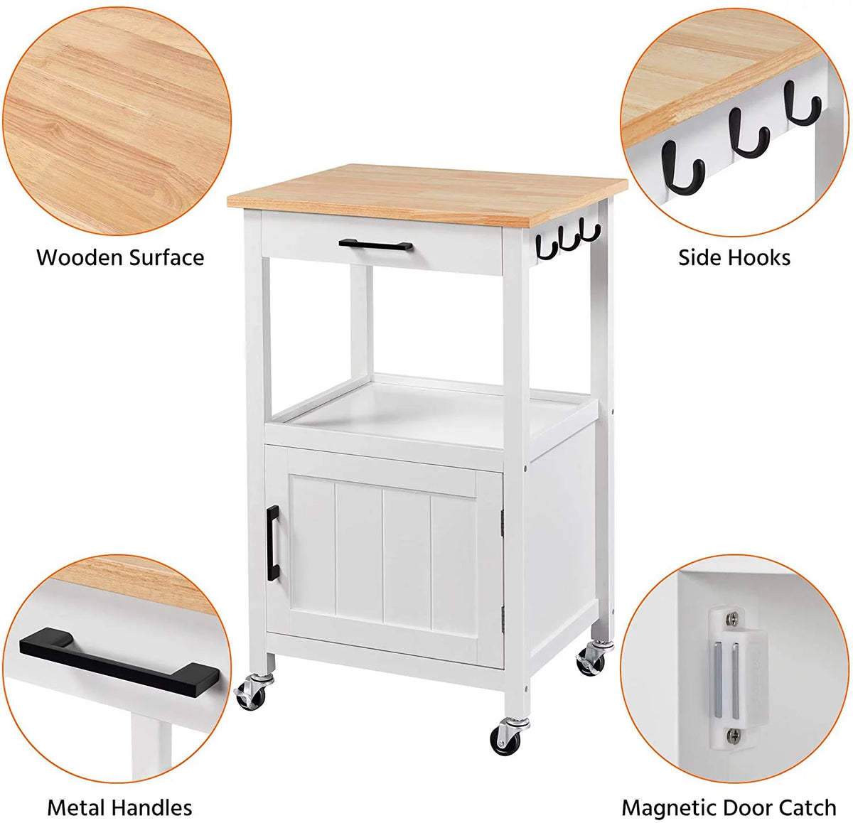 White Rolling Kitchen Island with Single Door Cabinet A861