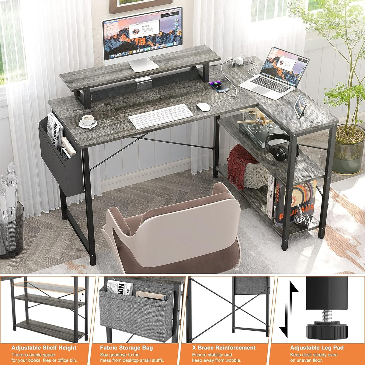 Black Oak L Shaped Desk with Power Outlet and USB Ports H342745