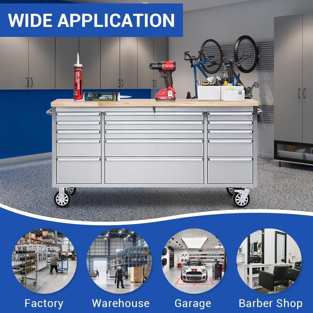 15 Drawer Stainless Steel Rolling Tool Chest with Wheels and Wood Top A341295