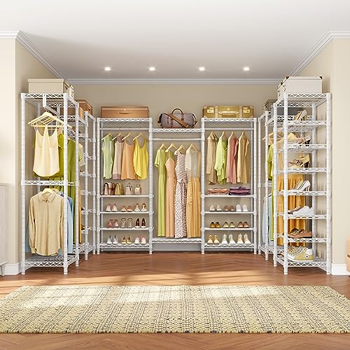 White Heavy Duty Garment Rack with Adjustable Shoe Rack Wire Shelf X2579