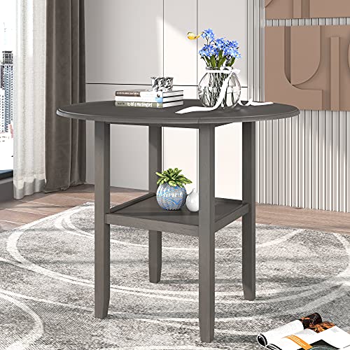3 Piece Round Drop Leaf Counter Height Dining Table and Chairs Set with Storage Shelf F380