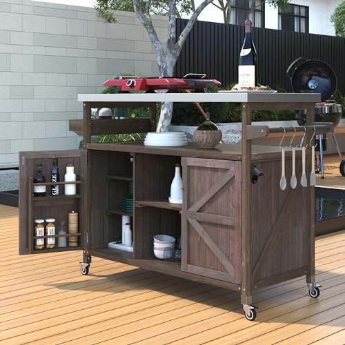 Natural Solid Wood Outdoor Kitchen Island with Stainless Steel Top C54716