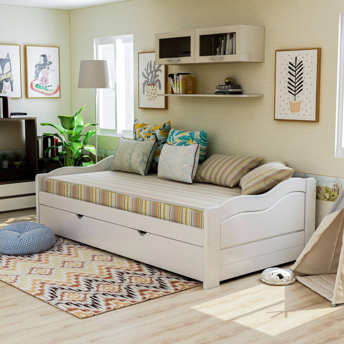 Brown Twin Wooden Daybed with Trundle Y61265