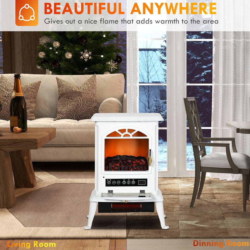 White Electric Infrared Fireplace Stove with Realistic Log Flame F2421