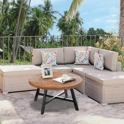 Natural Seagrass Round Coffee Table with Solid Wood Base, 32 x 17 Inches B733834