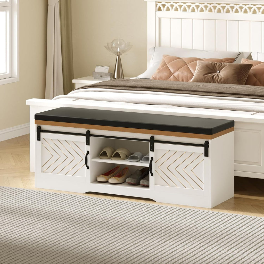 Shoe Storage Bench with Padded Seat Cushion and Sliding Barn Doors R25361