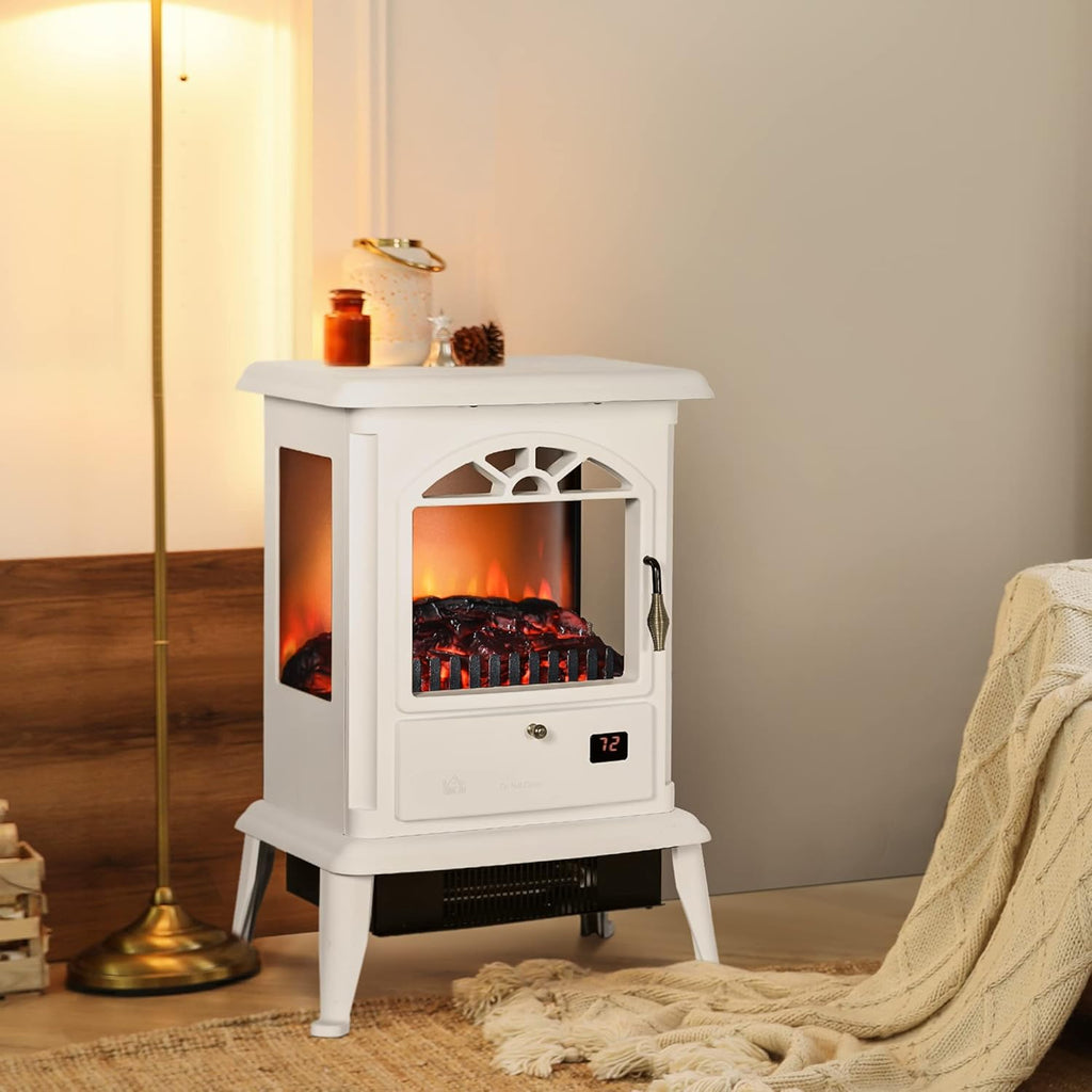 White Electric Infrared Fireplace Stove with Realistic Log Flame F2421