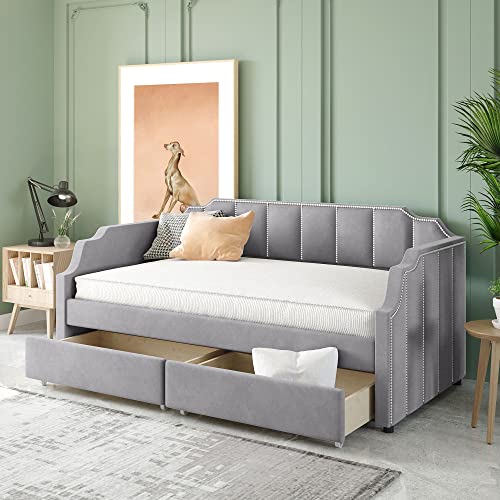 Gray Velvet Twin Daybed with 2 Drawers P34473