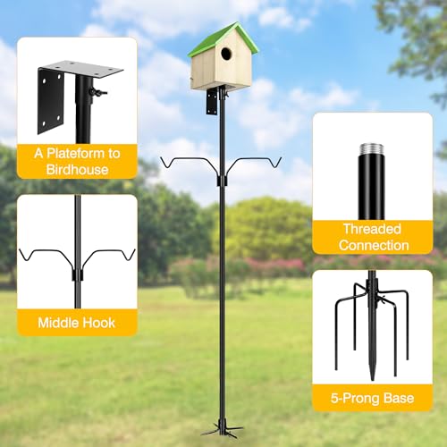 Black 79 Inch Heavy Duty Bird Feeder Pole with 2-Hooks and Metal Squirrel Baffle Z455499