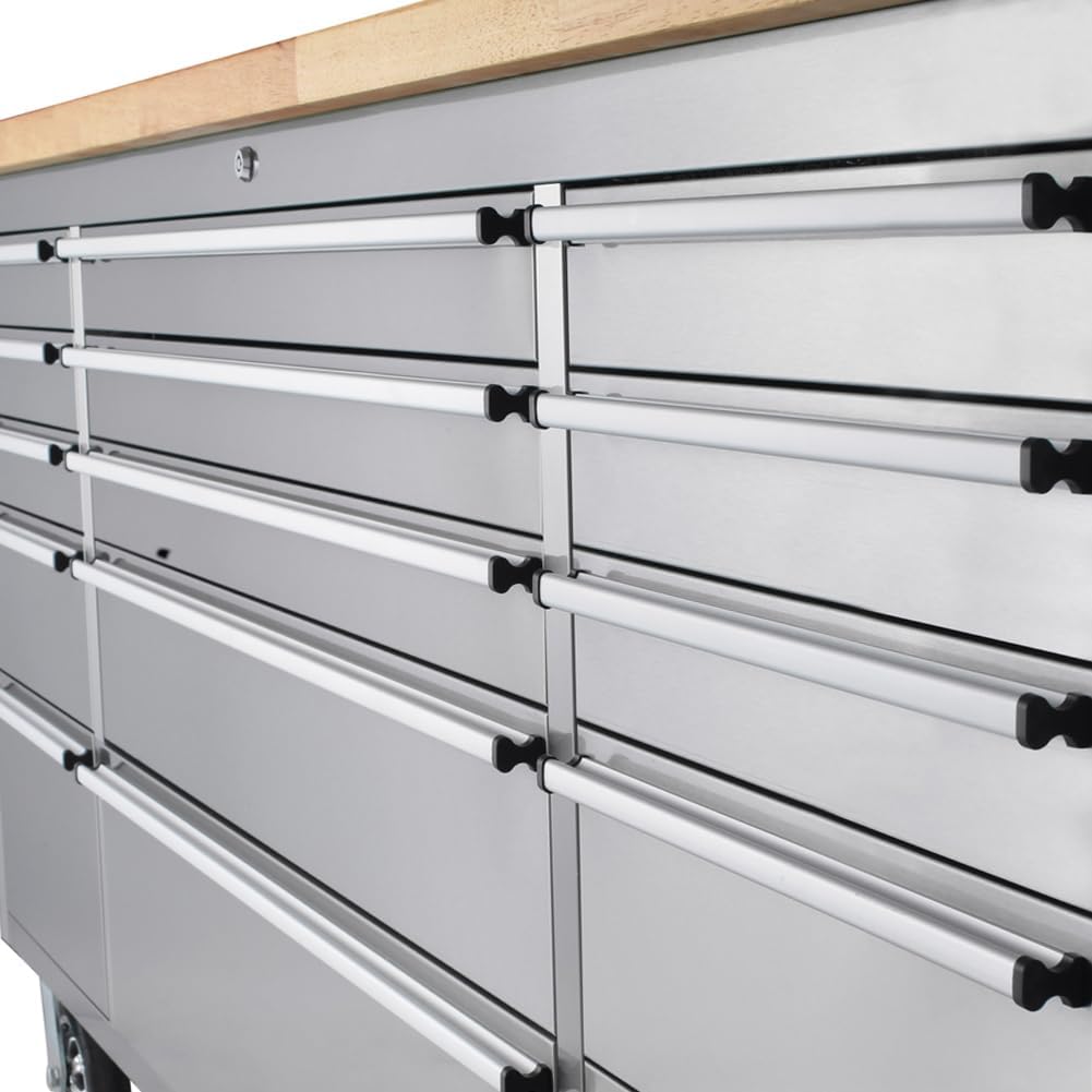 15 Drawer Stainless Steel Rolling Tool Chest with Wheels and Wood Top A341295