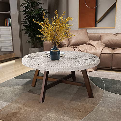 Natural Seagrass Round Coffee Table with Solid Wood Base, 32 x 17 Inches B733834
