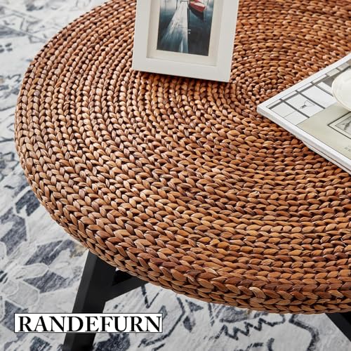 Natural Seagrass Round Coffee Table with Solid Wood Base, 32 x 17 Inches B733834