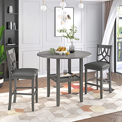 3 Piece Round Drop Leaf Counter Height Dining Table and Chairs Set with Storage Shelf F380