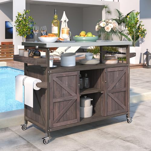 Natural Solid Wood Outdoor Kitchen Island with Stainless Steel Top C54716