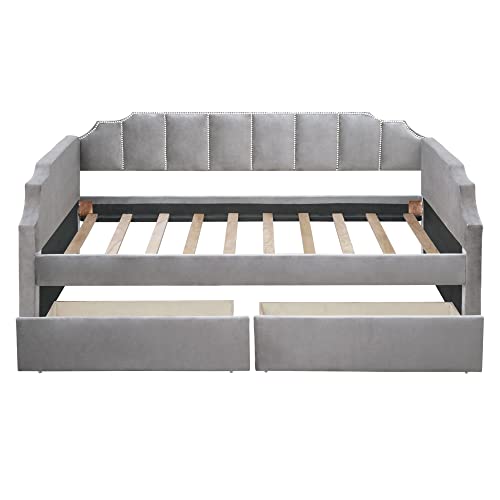Gray Velvet Twin Daybed with 2 Drawers P34473