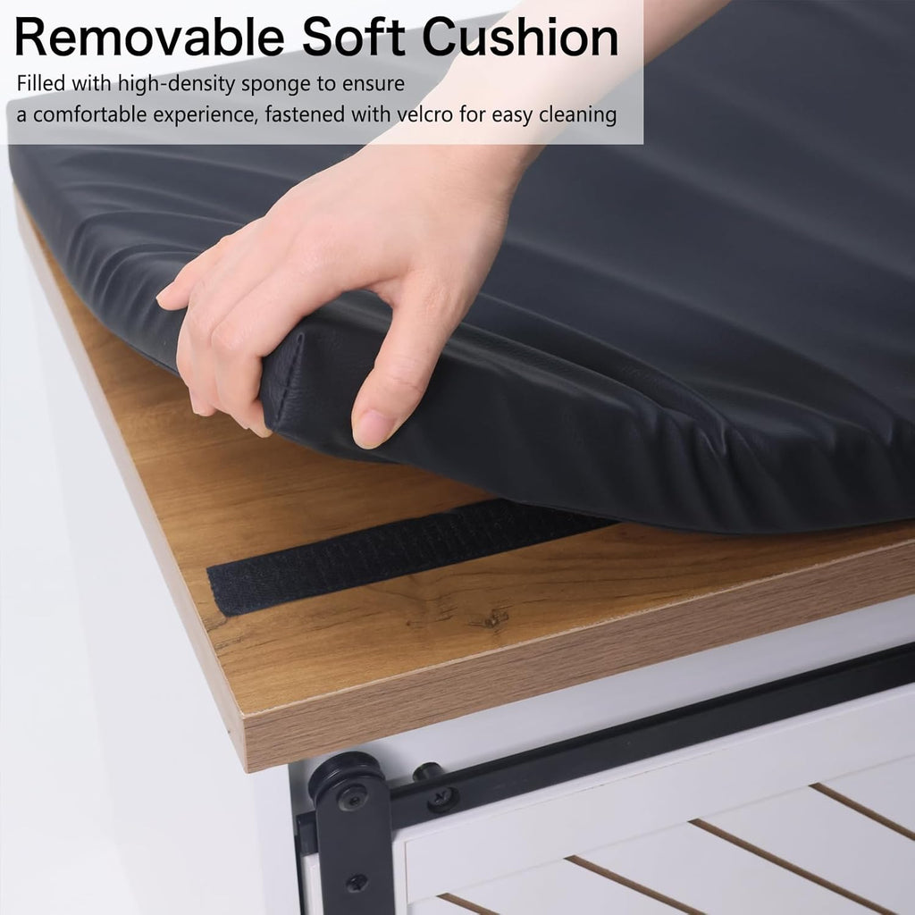 Shoe Storage Bench with Padded Seat Cushion and Sliding Barn Doors R25361