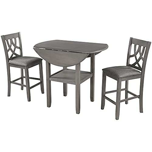 3 Piece Round Drop Leaf Counter Height Dining Table and Chairs Set with Storage Shelf F380