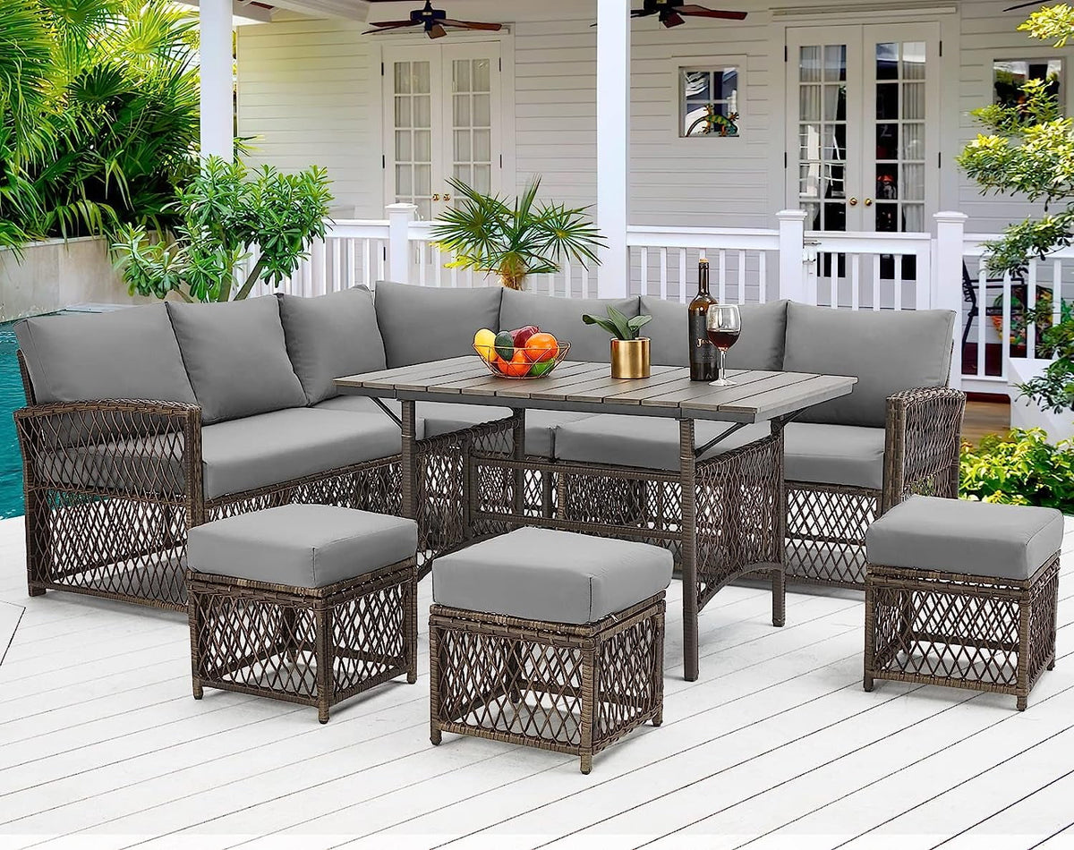 7-Piece Rattan Wicker Sectional Sofa and Dining Table Set A808