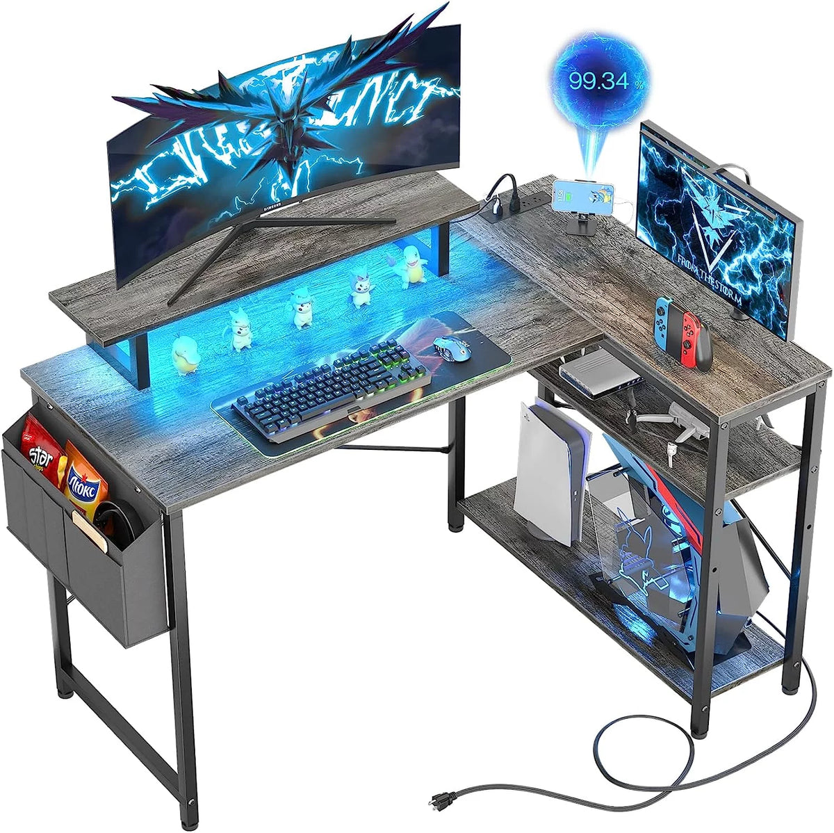 Black Oak L Shaped Desk with Power Outlet and USB Ports H342745