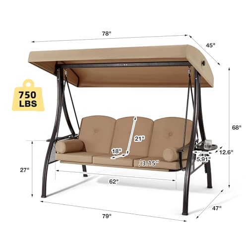 3 Person Outdoor Porch Swing with Cup Holder, Canopy, Cushions H479642